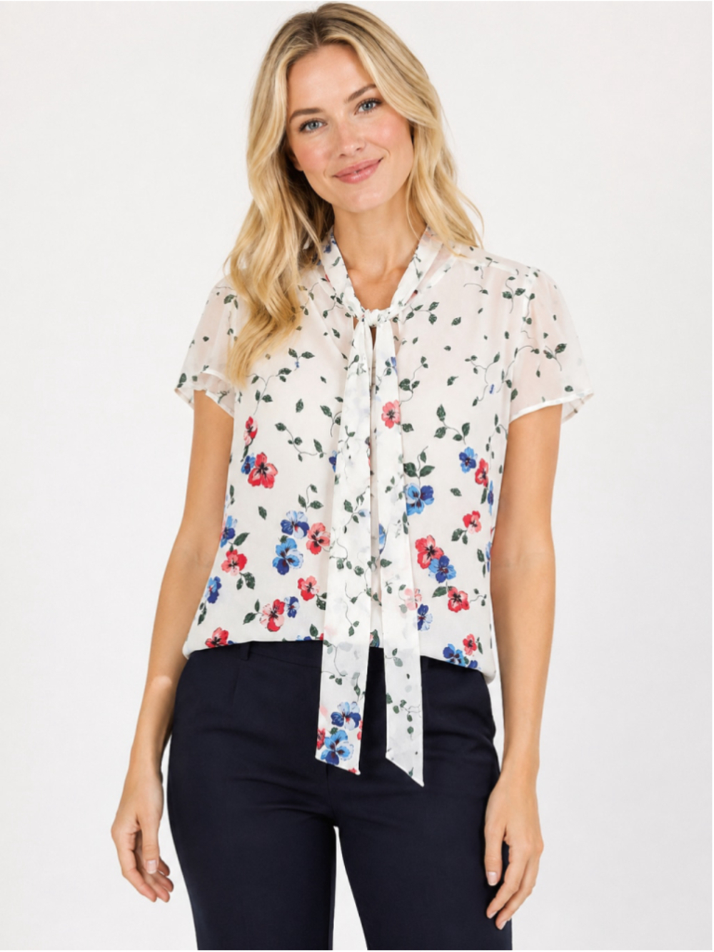 Ann Taylor Factory Blouse LP White Floral Tie-Neck